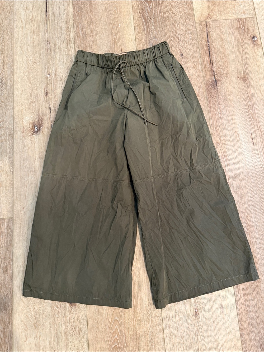 Yves Salomon | Olive Green Wide-Leg Pull-On Pants | Lambs Leather Trim | EU 38